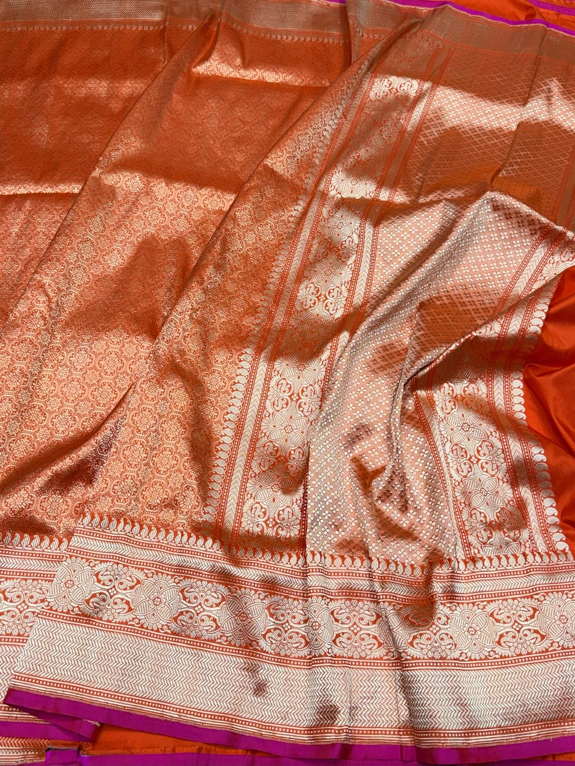 Orange Pure Banarasi Silk Brocade Saree in Katan Mulberry Silk – Classic Banaras Weave