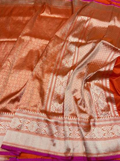 Orange Pure Banarasi Silk Brocade Saree in Katan Mulberry Silk – Classic Banaras Weave