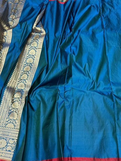 Peacock Blue Handwoven Vintage Pure Banarasi Satin Silk Saree