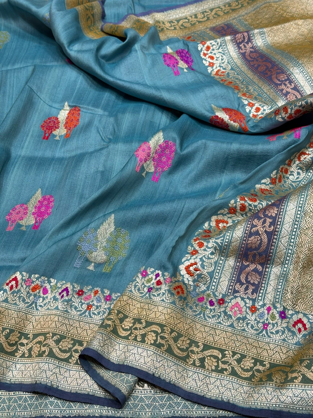 Powder Blue Handwoven Pure Tussar Georgette Saree