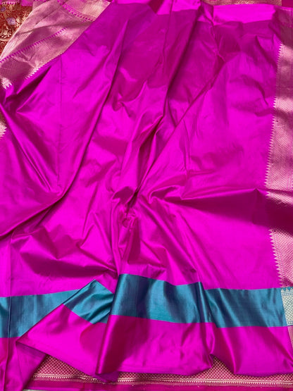 Red Pure Banarasi Silk Brocade Saree with Rani Pink Satin Border – Katan Silk Elegance