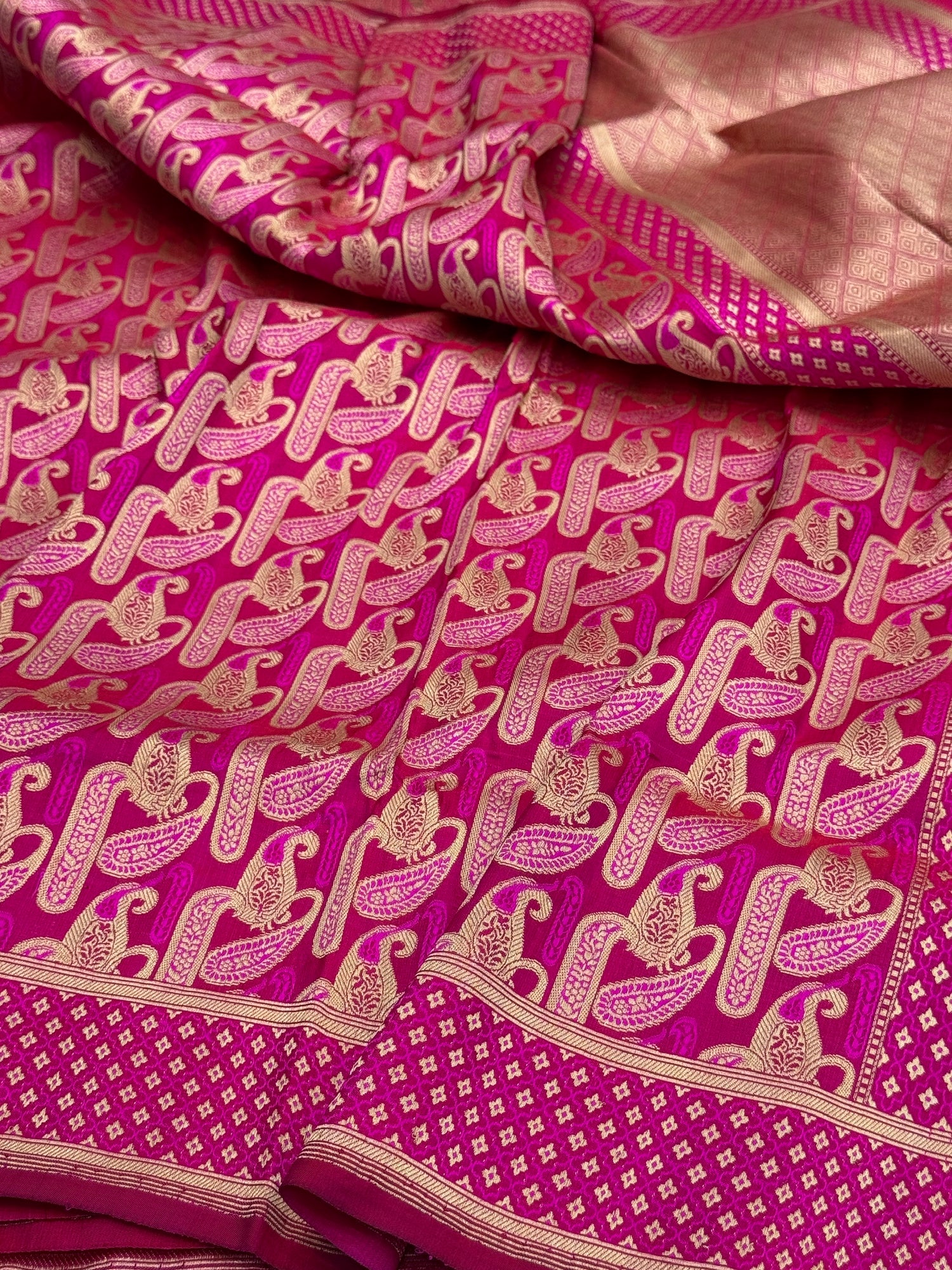 Rani Pink Handwoven Pure Banarasi Satin Tanchoi Silk Saree – Traditional Cutwork Weave