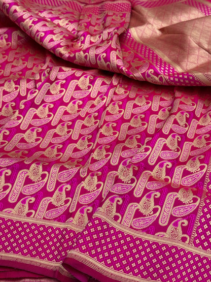 Rani Pink Handwoven Pure Banarasi Satin Tanchoi Silk Saree – Traditional Cutwork Weave