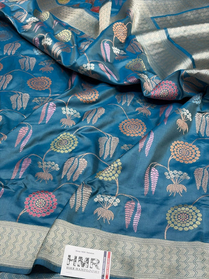 Teal Blue Handwoven Pure Banarasi Silk Saree