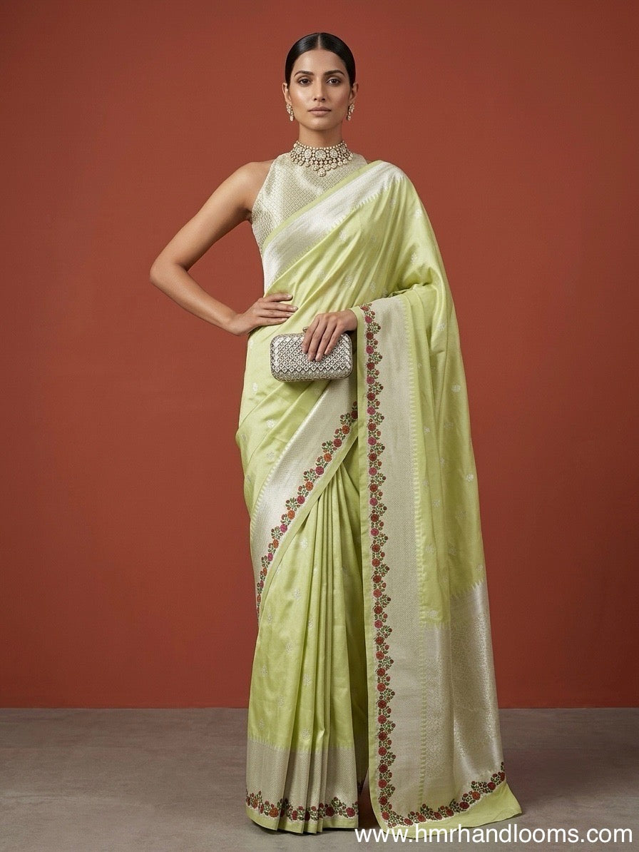 Pista Handwoven Pure Banarasi Silk Saree in Kadwa Weave – Katan Silk with Skirt Pattern Design