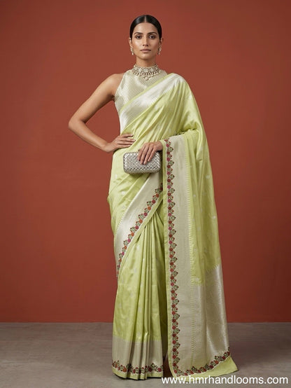 Pista Handwoven Pure Banarasi Silk Saree in Kadwa Weave – Katan Silk with Skirt Pattern Design