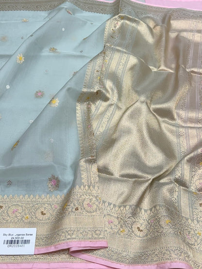Sky Blue Handwoven Banarasi Pure Organza Silk Saree