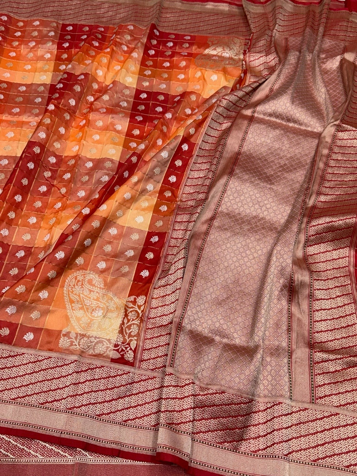 Rustic Orange Handwoven Pure Banarasi Rangkaat Saree in Katan Silk – Traditional Checks Weave