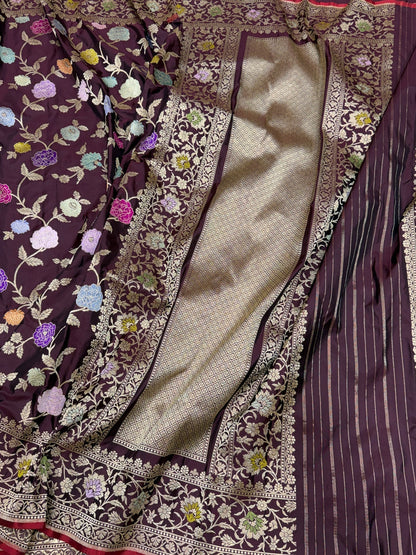 Wine Handwoven Pure Banarasi Silk Saree in Kadwa Weave