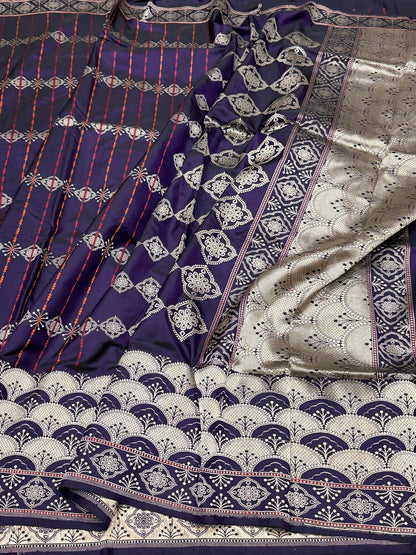 Purple Handwoven Pure Banarasi Silk Saree – Kadwa Weave in 100% Katan Mulberry Silk
