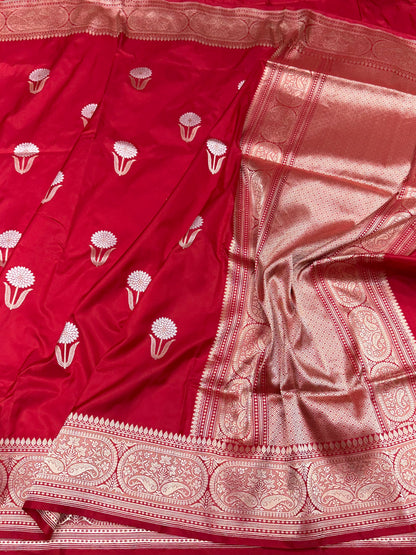Red Handwoven Pure Banarasi Silk Saree – Katan Silk | Kadwa Weave | Elegant Traditional Banarasi Saree