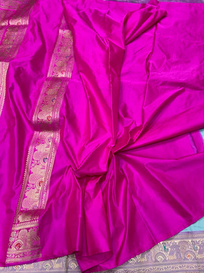 Sky Blue Handwoven Pure Banarasi Satin Silk Saree – Authentic Kadwa Weave