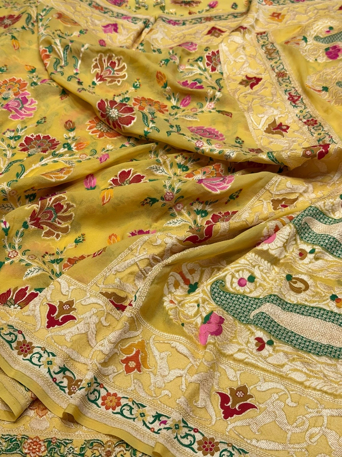 Yellow Pure Banarasi Minakari Chiffon Georgette Saree
