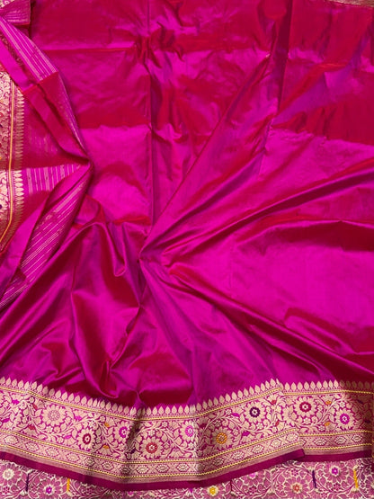 Rani Pink Handwoven Pure Banarasi Silk Saree – Kadwa Weave in 100% Katan Mulberry Silk