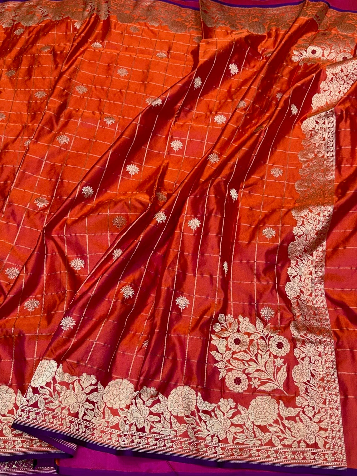 Orange Handwoven Pure Banarasi Satin Silk Saree – Kadwa Weave | 100% Pure Satin Silk | Authentic Banaras Handloom