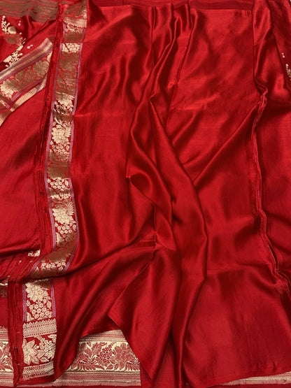 Brick Red Handwoven Pure Mashru Banarasi Satin Silk Saree – Kadwa Weave | Authentic Banaras Handloom