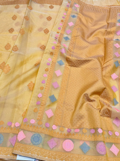 Yellow Handwoven Pure Organza Silk Saree