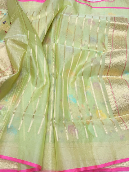 Pista Handwoven Pure Banarasi Organza Silk Saree in Kadwa Weave | 100% Pure Kora Silk