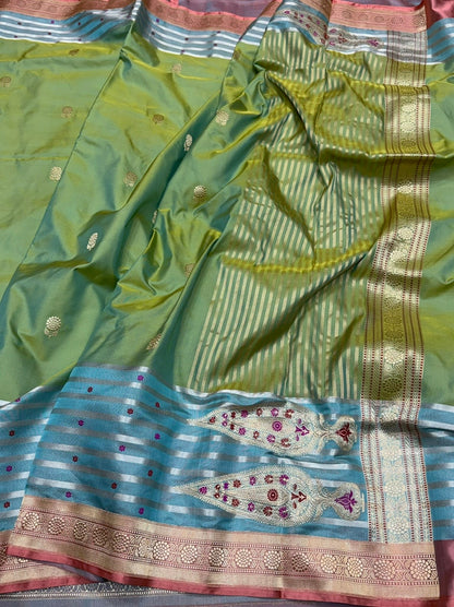 Parrot Green Handwoven Pure Banarasi Ektara Tissue Saree | Lightweight Kadwa Katan Silk
