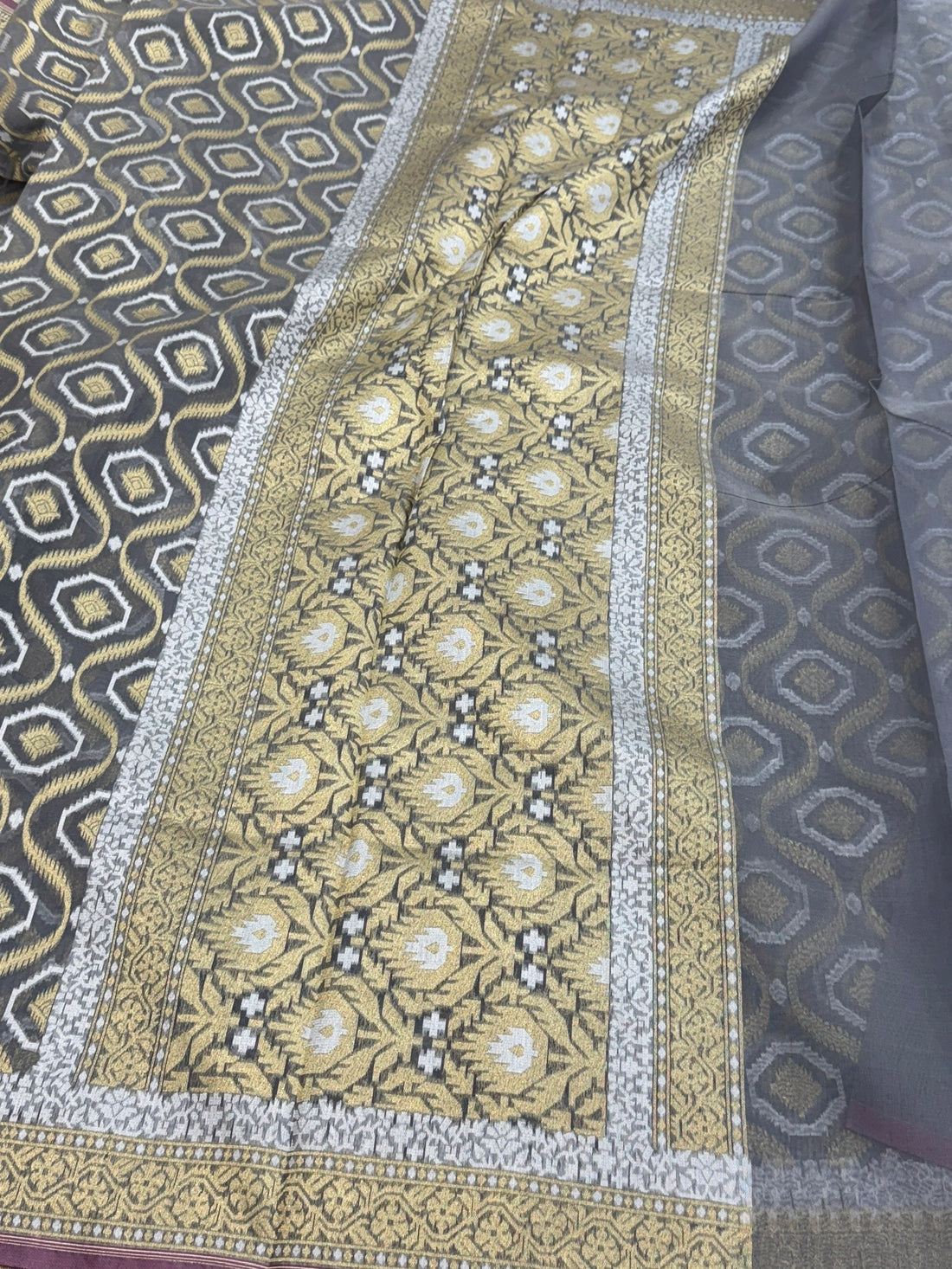 Ash Grey Banarasi Pure Cotton Saree