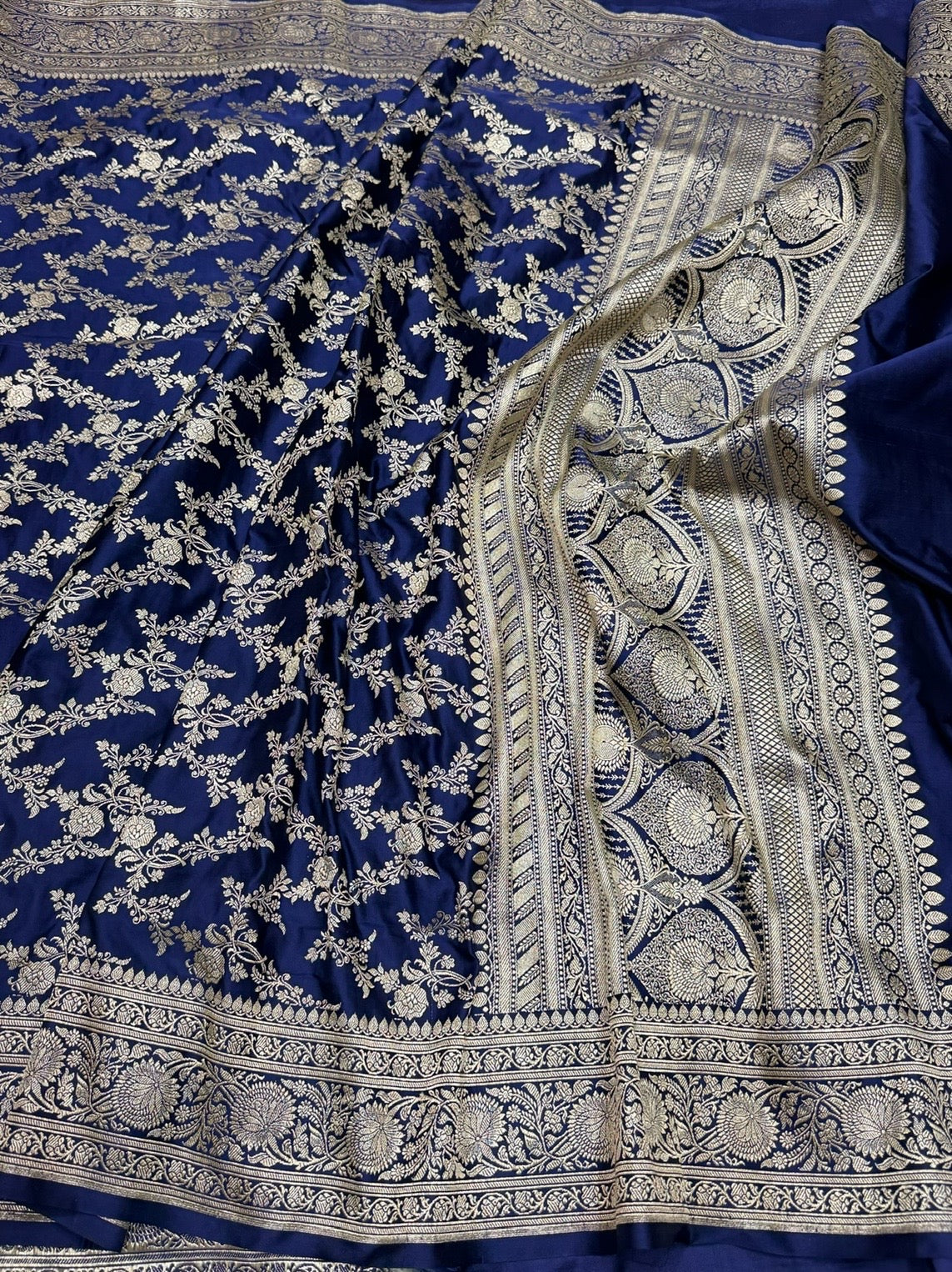 Navy Blue Handwoven Vintage Pure Banarasi Satin Silk Saree