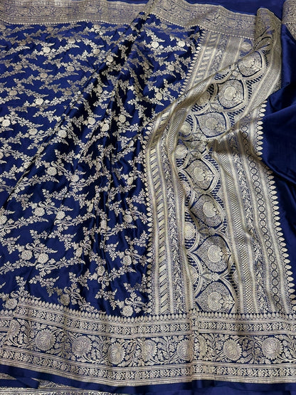 Navy Blue Handwoven Vintage Pure Banarasi Satin Silk Saree