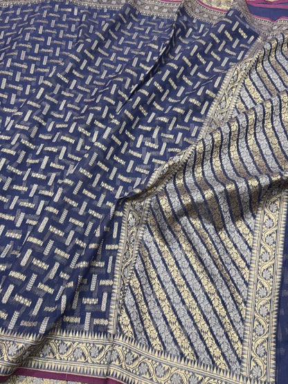 Bluish Grey Banarasi Pure Kora Cotton Saree