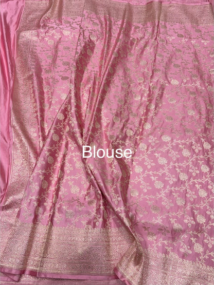 Baby Pink Vintage Banarasi Pure Satin Silk Brocade Saree – Luxury Cutwork Wedding &amp; Festive Saree