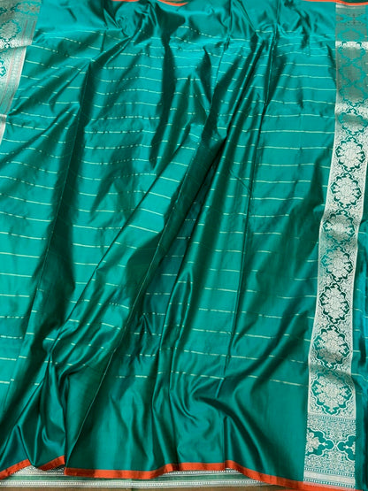 Teal Green Handwoven Pure Banarasi Satin Silk Saree – Kadwa Weave | 100% Pure Satin Silk | Authentic Banaras Handloom