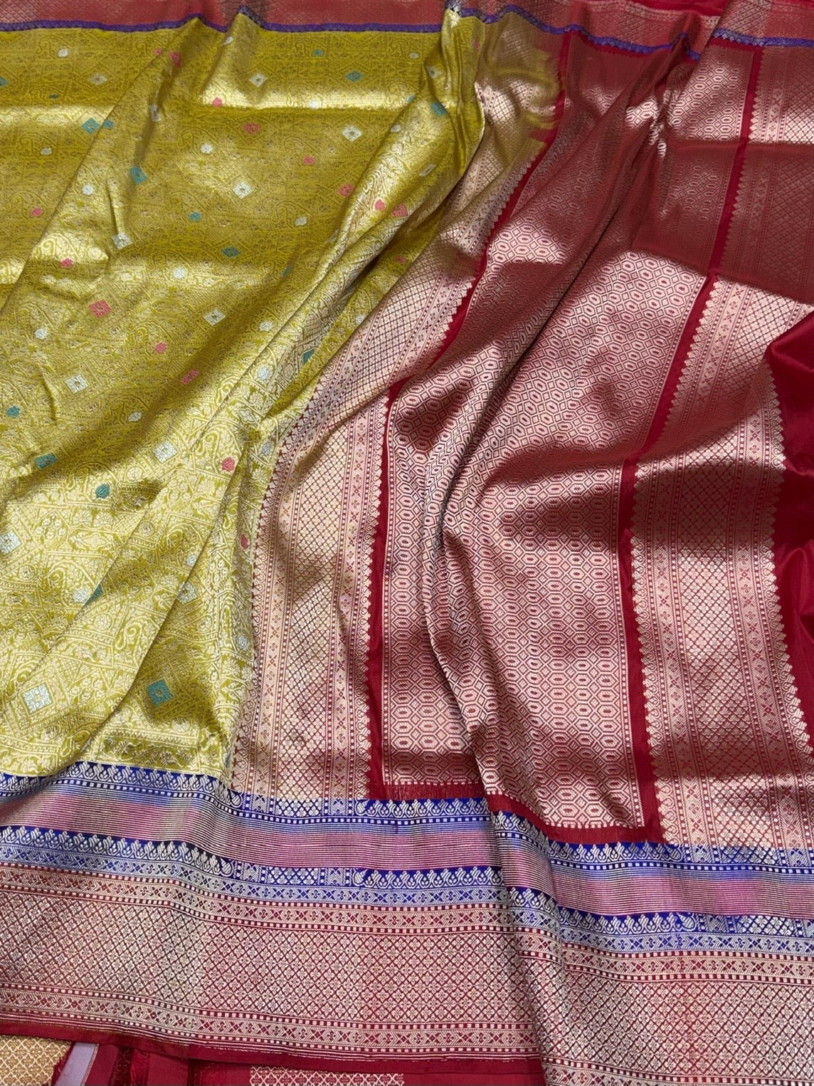 Lemon Yellow Banarasi Silk Brocade Saree with Red Satin Border – Katan Silk Elegance