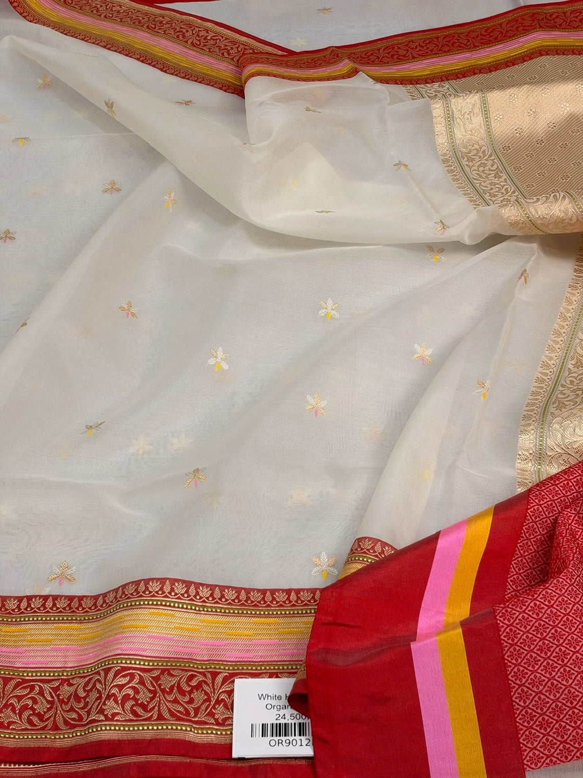 White/Red Handwoven Pure Banarasi Organza Silk Saree