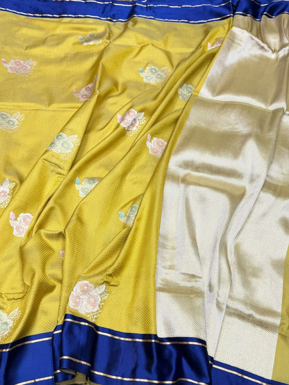 Lemon Yellow Handwoven Pure Banarasi Satin Tanchoi Silk Saree
