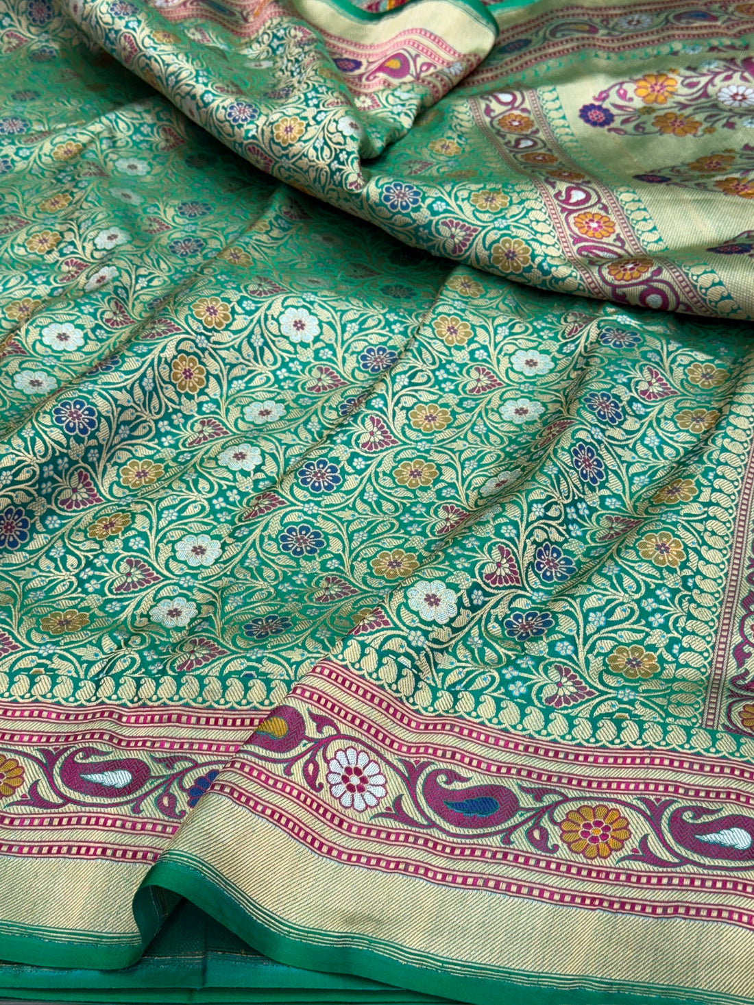Green Banarasi Minakari Pure Silk Brocade Saree | 100% Pure Katan Silk with Intricate Brocade Design