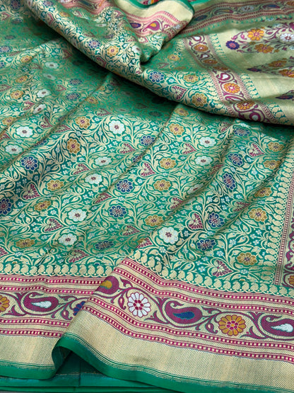 Green Banarasi Minakari Pure Silk Brocade Saree | 100% Pure Katan Silk with Intricate Brocade Design