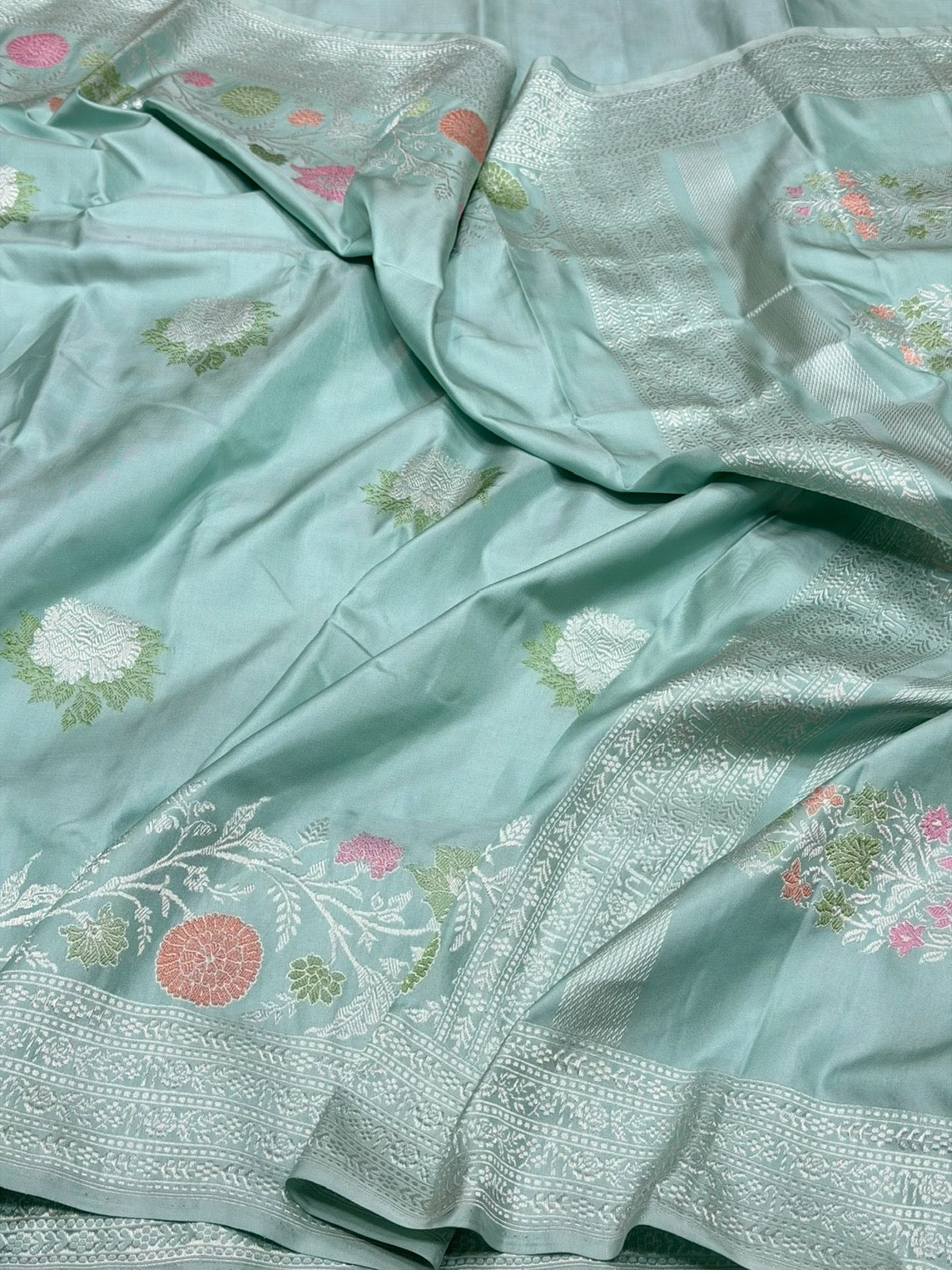 Sea Blue Handwoven Pure Banarasi Ektara Silk Saree – Kadwa Iktara Weave, Pure Mulberry Silk