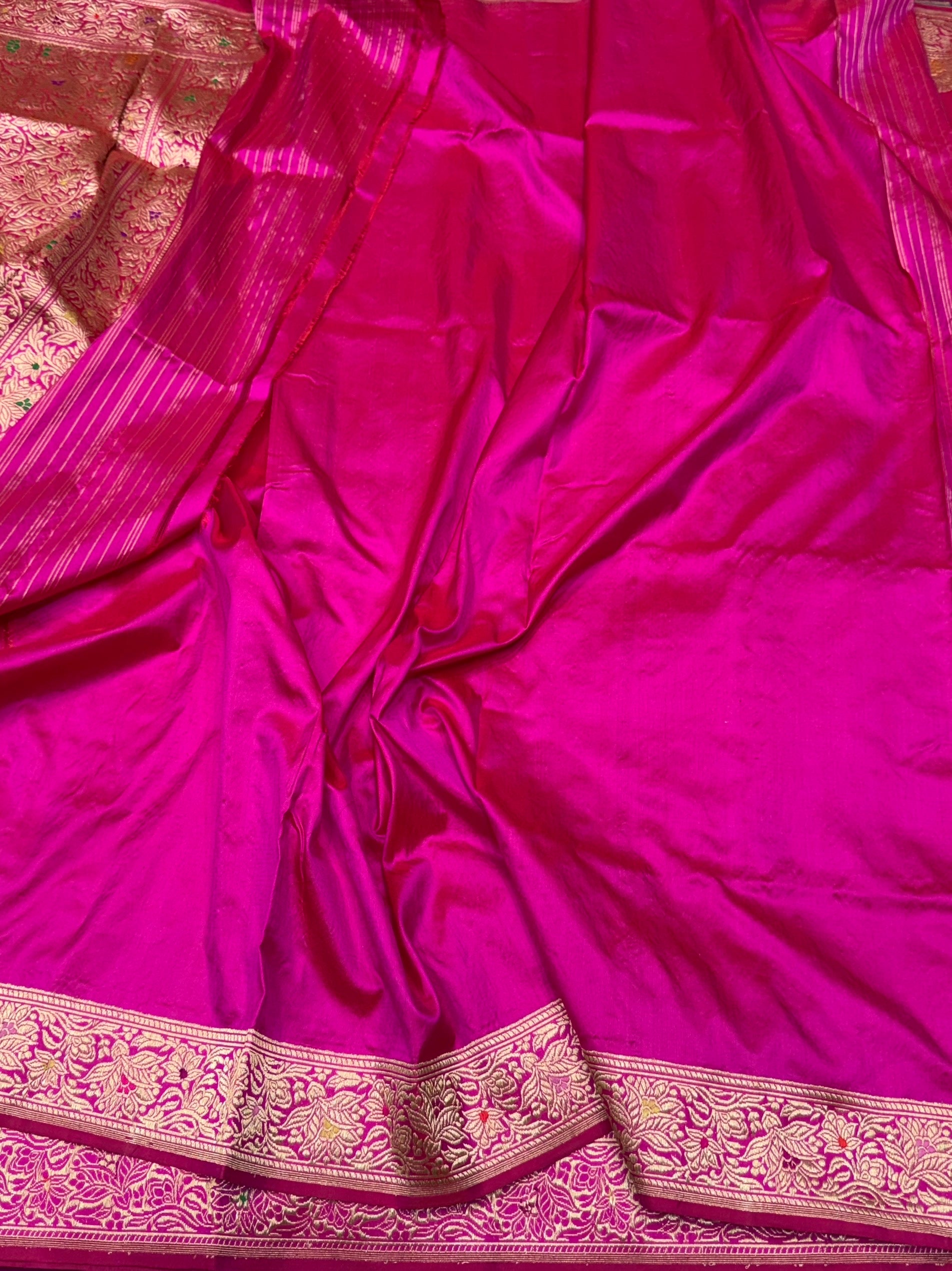 Rani Pink Handwoven Pure Banarasi Silk Saree – Kadwa Weave in 100% Katan Mulberry Silk