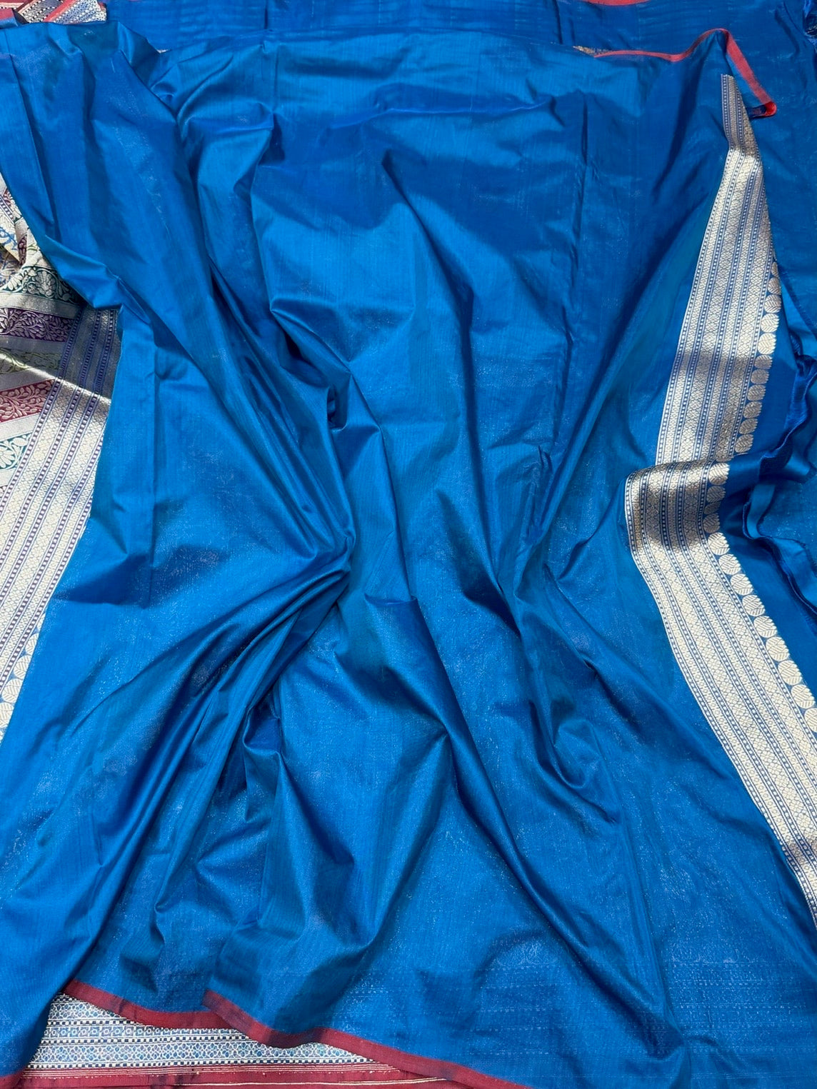 German Blue Handwoven Pure Banarasi Satin Silk Brocade Saree – Luxury Brocade Work