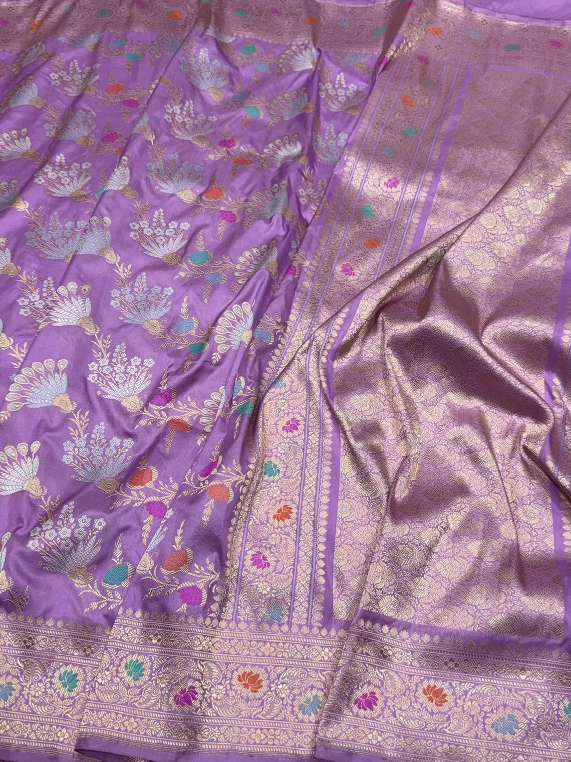 Lavender Handwoven Pure Banarasi Silk Saree in Kadwa Weave | Authentic Katan Mulberry Silk