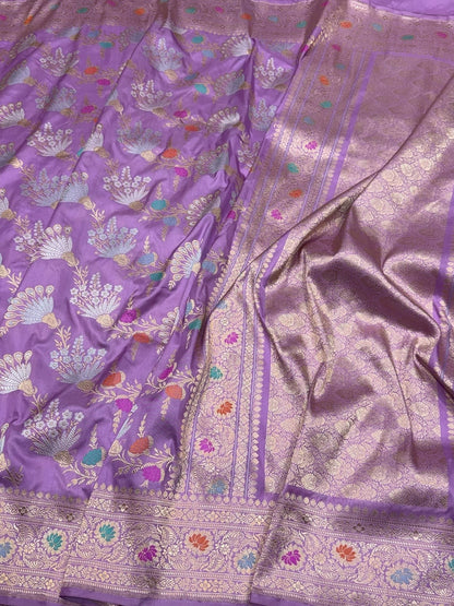 Lavender Handwoven Pure Banarasi Silk Saree in Kadwa Weave | Authentic Katan Mulberry Silk