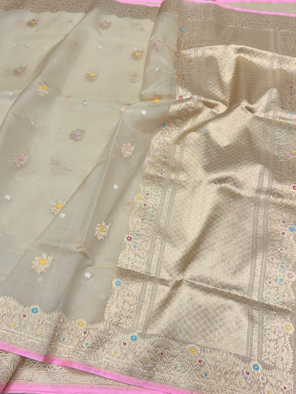 Ivory Handwoven Pure Banarasi Organza Silk Saree