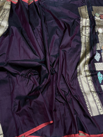 Wine Handwoven Pure Banarasi Rangkaat Silk Saree