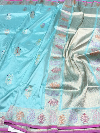 Sky Blue Handwoven Pure Banarasi Silk Saree | Pure Katan Silk | Kadwa Weave | HMR Handlooms