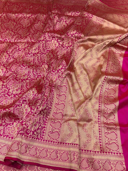 Rani Pink Banarasi Minakari Pure Silk Brocade Saree – Katan Silk with Intricate Minakari &amp; Rich Brocade Weave