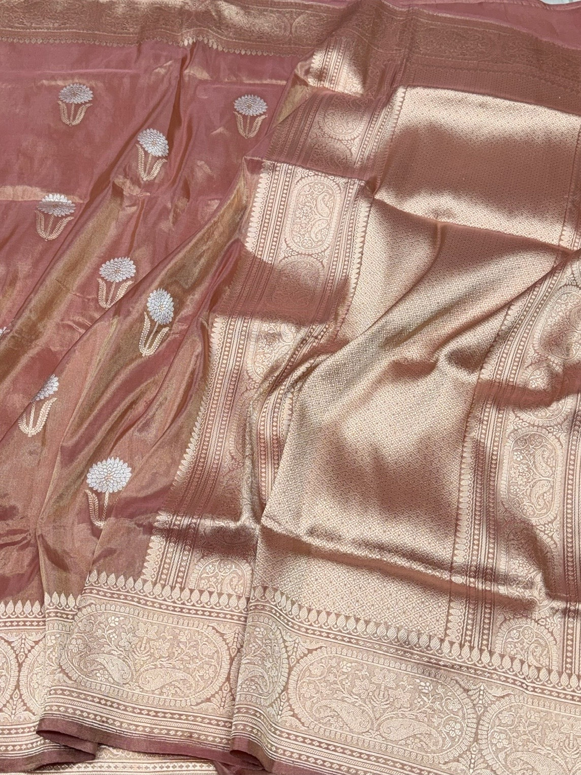 Rose Gold Pink Handwoven Pure Banarasi Tissue Silk Saree – Kadwa Weave | Lightweight Katan-Tissue Silk | Modern Skirt Design