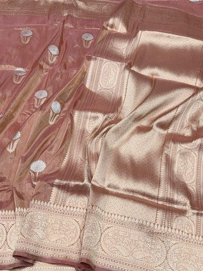Rose Gold Pink Handwoven Pure Banarasi Tissue Silk Saree – Kadwa Weave | Lightweight Katan-Tissue Silk | Modern Skirt Design