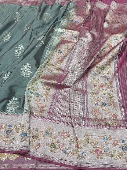 Ash Grey Handwoven Pure Banarasi Silk Saree – Kadwa Weave with Meenakari | Authentic Katan Mulberry Silk