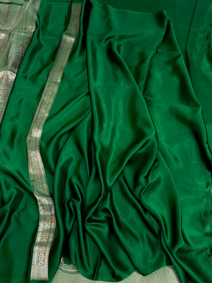 Bottle Green Handwoven Pure Banarasi Mashru Satin Silk Saree