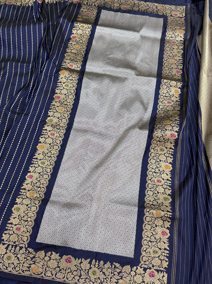 Navy Blue Handwoven Pure Banarasi Silk Saree | Pure Katan Silk | Kadwa Weave | HMR Handlooms