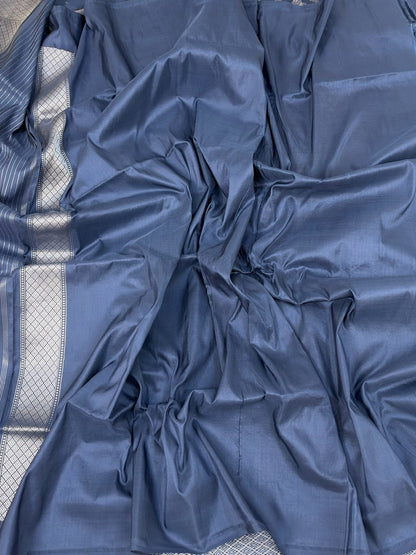 Bluish Grey Handwoven Pure Banarasi Katan Silk Saree