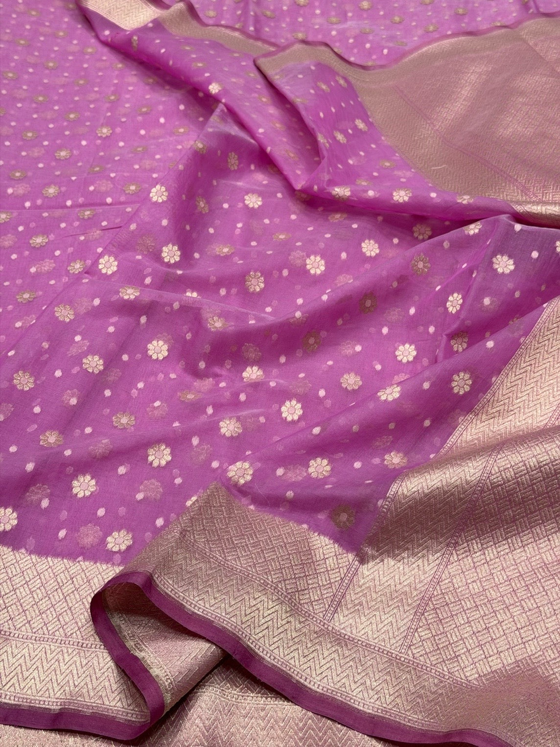 Pastel Pink Banarasi Pure Kora Cotton Saree